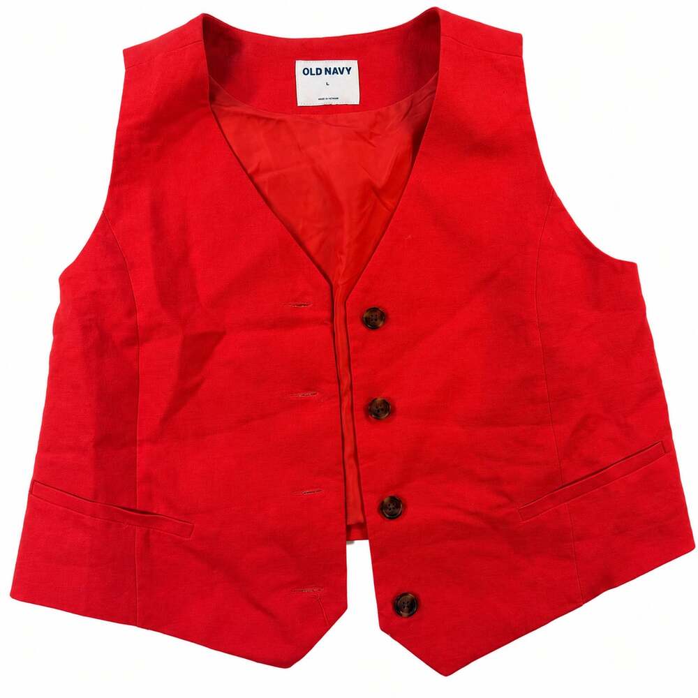 Old Navy Cherry Tomato Red Linen Blend Button Front Vest L